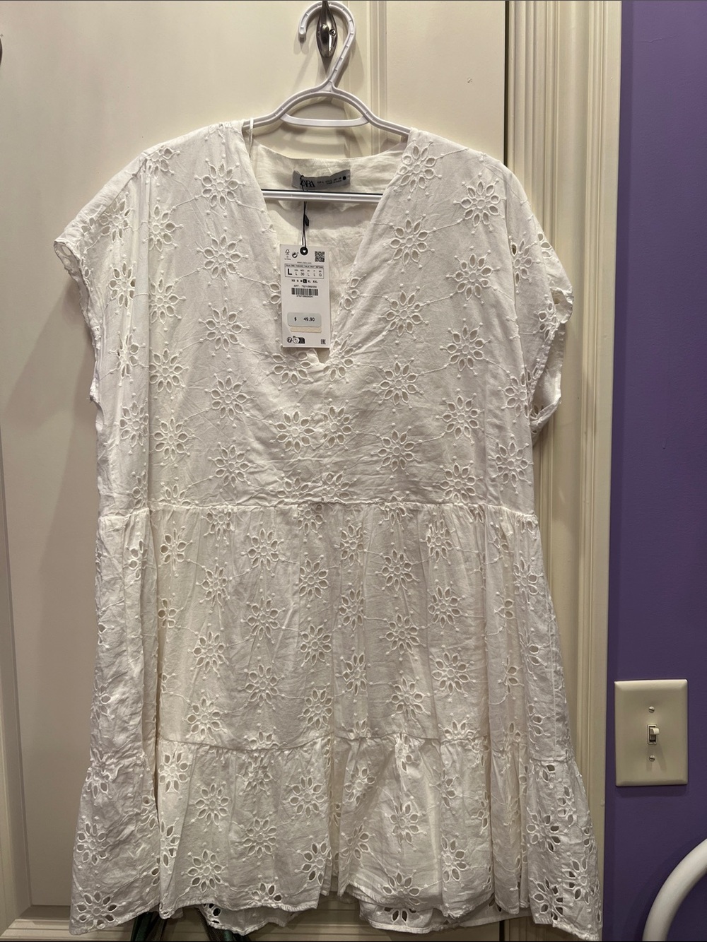 Zara White Eyelet Tiered Mini Dress